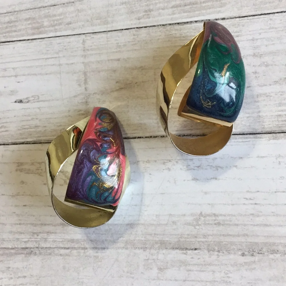 Vintage Enamel  Swirl Pattern Earrings 80's Multicolor Gold Tone Bright Colors